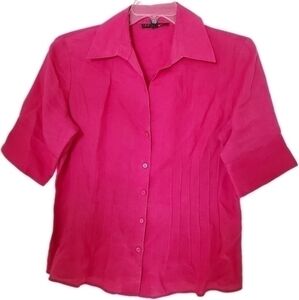 Lafayette 148 New York‎ Women's Pink Linen Short Sleeve Collar Button Up Shirt
